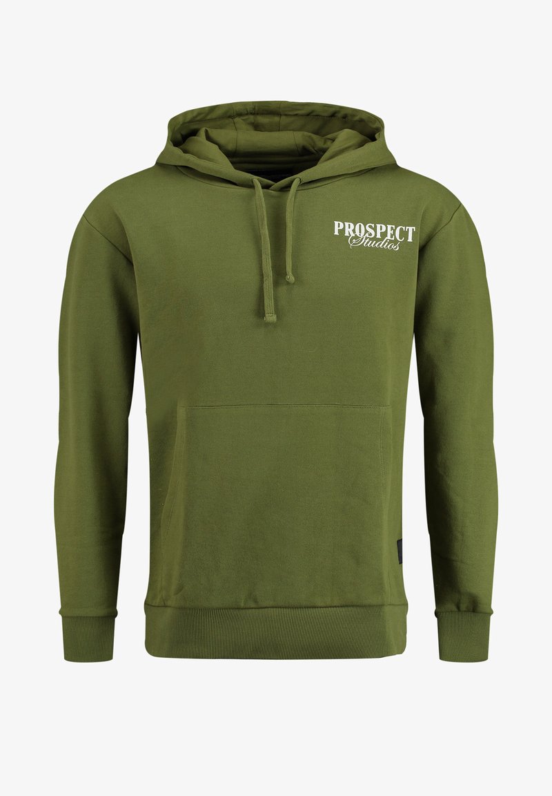 Felpa verde oliva con tasca frontale, cappuccio con cordini e testo bianco "PROSPECT Studios" sul petto. Realizzata in morbido tessuto.