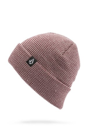 Bonnet en tricot bordeaux et crème avec un motif texturé. Comprend une étiquette de marque noire sur le côté. Matériau doux et flexible.