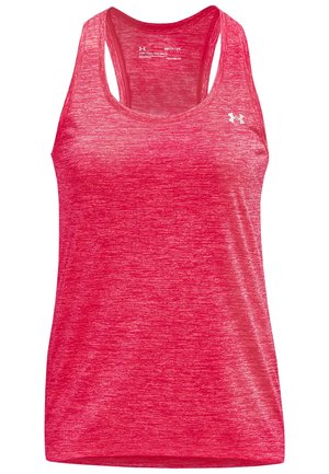 Dámské červené sportovní tílko bez rukávů s designem závodního střihu na zádech a malým bílým logem Under Armour na hrudi.