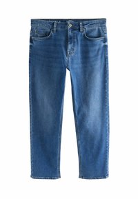 Jeans in denim blu con una vestibilità dritta, dotati di cinque tasche, chiusura zip e cuciture in evidenza. Il tessuto ha una texture liscia.