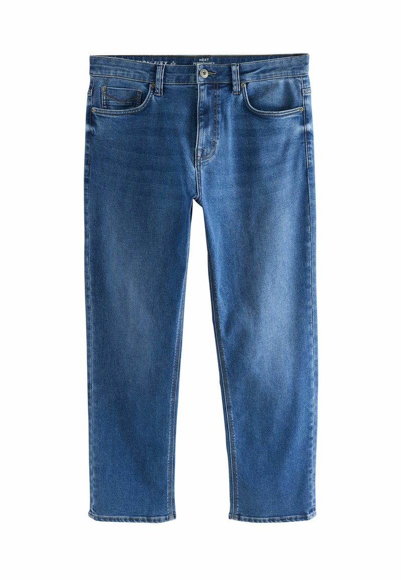 Modre jeans hlače s ravnim krojem, opremljene s petimi žepi, z zadrgo in vidnimi šivi. Tkanina ima gladko teksturo.