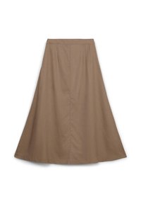 Gonna midi A-line marrone realizzata in tessuto morbido con una texture liscia e dettaglio della cucitura verticale centrale.