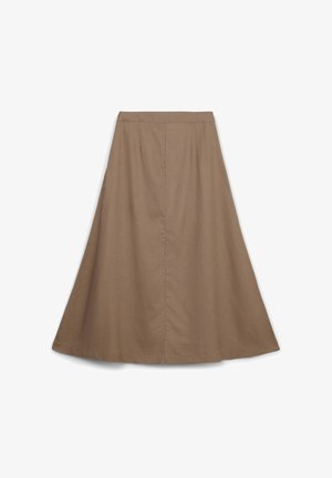 Une jupe mi-longue en ligne A, confectionnée dans un tissu beige ; elle présente une taille ajustée et de légers plis pour plus de volume et de mouvement.