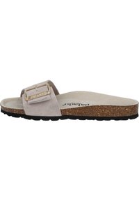 Grijze suede instap sandaal met kurken voetbed, voorzien van een gouden gespaccent. Gestructureerde zwarte rubberen zool en contoured inlegzool voor comfortabel dragen.