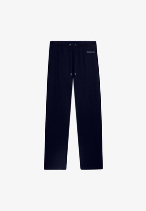 Pantalones deportivos negros de pierna recta con cintura elástica y cordón, con pequeño logo "Freddy" en la parte superior izquierda.