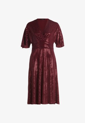 Burgundy sequin dress with a V-neck and short flutter sleeves. Flared design with pleats at the waist, featuring a smooth, shiny texture.