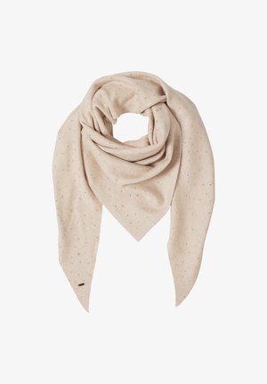 Bufanda beige con una textura suave, que presenta un patrón sutil de pequeños puntos en relieve. Diseñada en forma triangular con extremos puntiagudos.