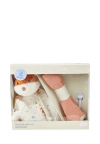 Soft toy fox with a white and colorful patterned muslin cloth and a pink teething ring, presented in a clear-box package.