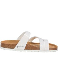 Chanclas blancas con dos tiras brillantes, plantilla de corcho y suela de goma texturizada. La marca "palado" es visible en el lateral.