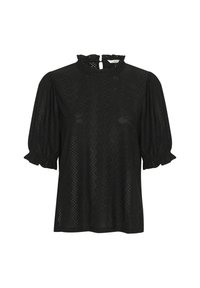 Blusa nera con colletto alto arricciato, maniche corte a sbuffo e motivi perforati simili a pizzo su tutto il tessuto. Apertura a chiave sul retro.