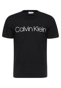 Černé bavlněné tričko s krátkými rukávy a kulatým výstřihem. Na přední straně je bílé logo "Calvin Klein".