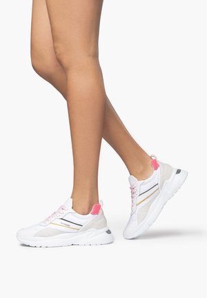 White sneakers with pink accents and gray suede details. Features a textured surface, cushioned sole, and standard lacing system.