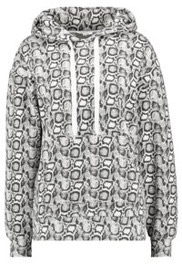 Mikina s kapucí v černobílém hadím vzoru, s přední kapsou ve stylu klokánka a bílými šňůrkami. Jemná tkanina, volný střih.