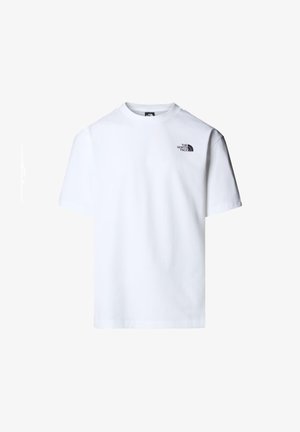 Camiseta de algodón blanca con mangas cortas y cuello redondo. Presenta un pequeño logo negro de "The North Face" en la parte izquierda del pecho.