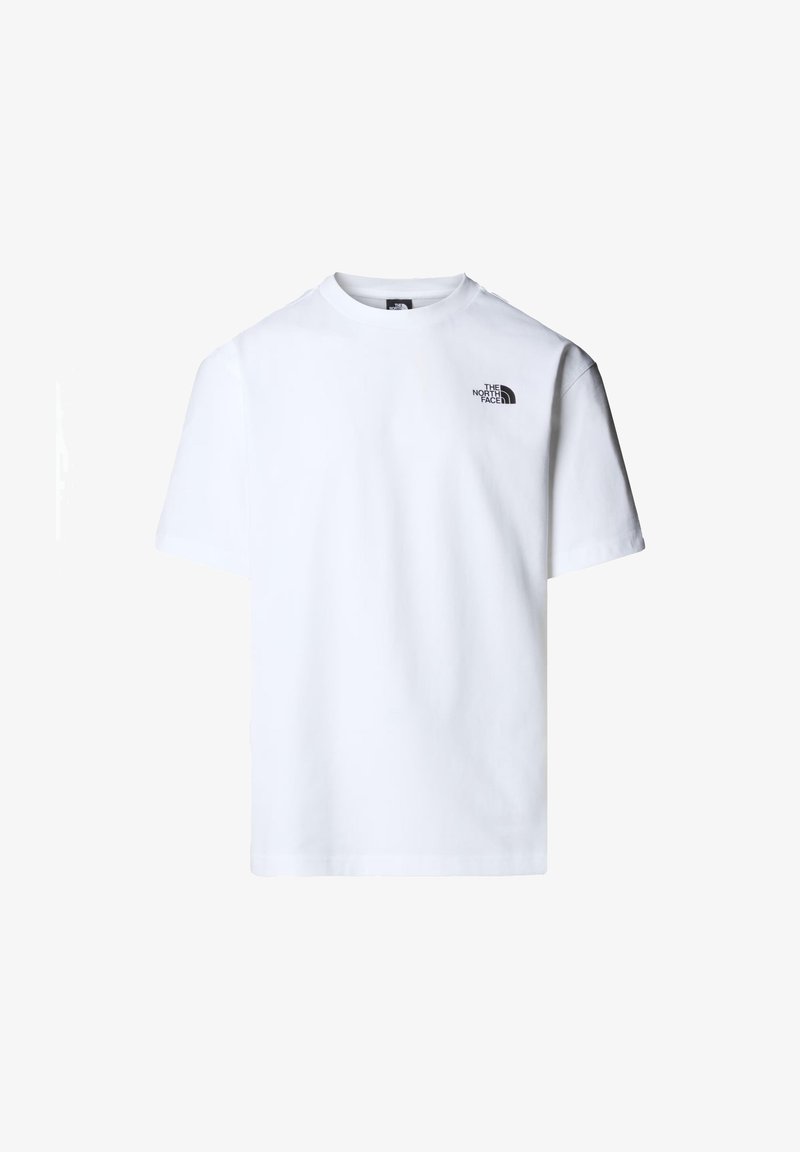 Witte katoenen T-shirt met korte mouwen en een ronde hals. Heeft een klein zwart logo van "The North Face" op de linkerborst.