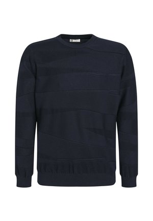 Jūras zila adīta džemperis ar apaļu kakla izgriezumu, ar teksturētām horizontālām svītrām un ribotām piedurknēm un apakšmalu. Gluda auduma apdare.