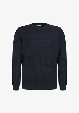 Marineblauer Strickpullover mit Rundhalsausschnitt, ausgestattet mit strukturierten horizontalen Streifen sowie gerippten Bündchen und Saum. Glatte Stoffoberfläche.