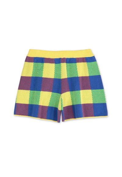 Pletací boxerky so žltým pásom a farebnou kockovanou vzorovou štruktúrou v modrej, zelenej, červenej a žltej farbe. Mäkká textura s bočnými ventilmi.