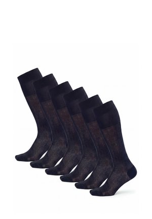 Six pairs of black mid-calf socks arranged in a row, showing their shape and texture against a white background.