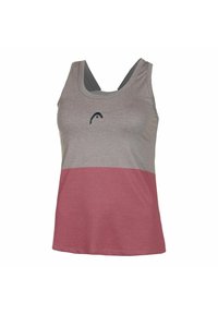 Graues und burgunderfarbenes Tanktop mit rundem Ausschnitt, breiten Trägern und einem Logodesign in der Mitte. Hergestellt aus weichem Baumwollstoff.