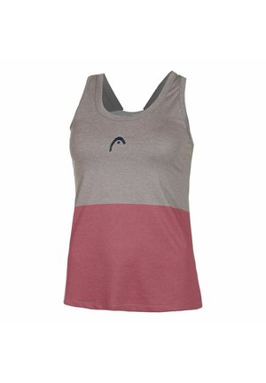 Graues und burgunderfarbenes Tanktop mit rundem Ausschnitt, breiten Trägern und einem Logodesign in der Mitte. Hergestellt aus weichem Baumwollstoff.