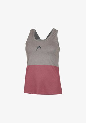 Graues und burgunderfarbenes Tanktop mit rundem Ausschnitt, breiten Trägern und einem Logodesign in der Mitte. Hergestellt aus weichem Baumwollstoff.