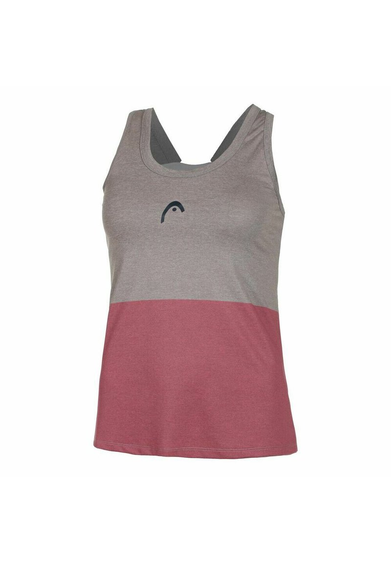 Graues und burgunderfarbenes Tanktop mit rundem Ausschnitt, breiten Trägern und einem Logodesign in der Mitte. Hergestellt aus weichem Baumwollstoff.