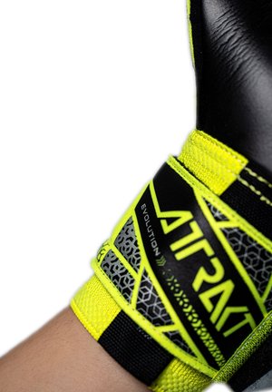 Zwarte en fluorescerende gele handschoen met een getextureerde grip. Bevat een hexagonaal patroon op de polsband en "EVOLUTION" branding.