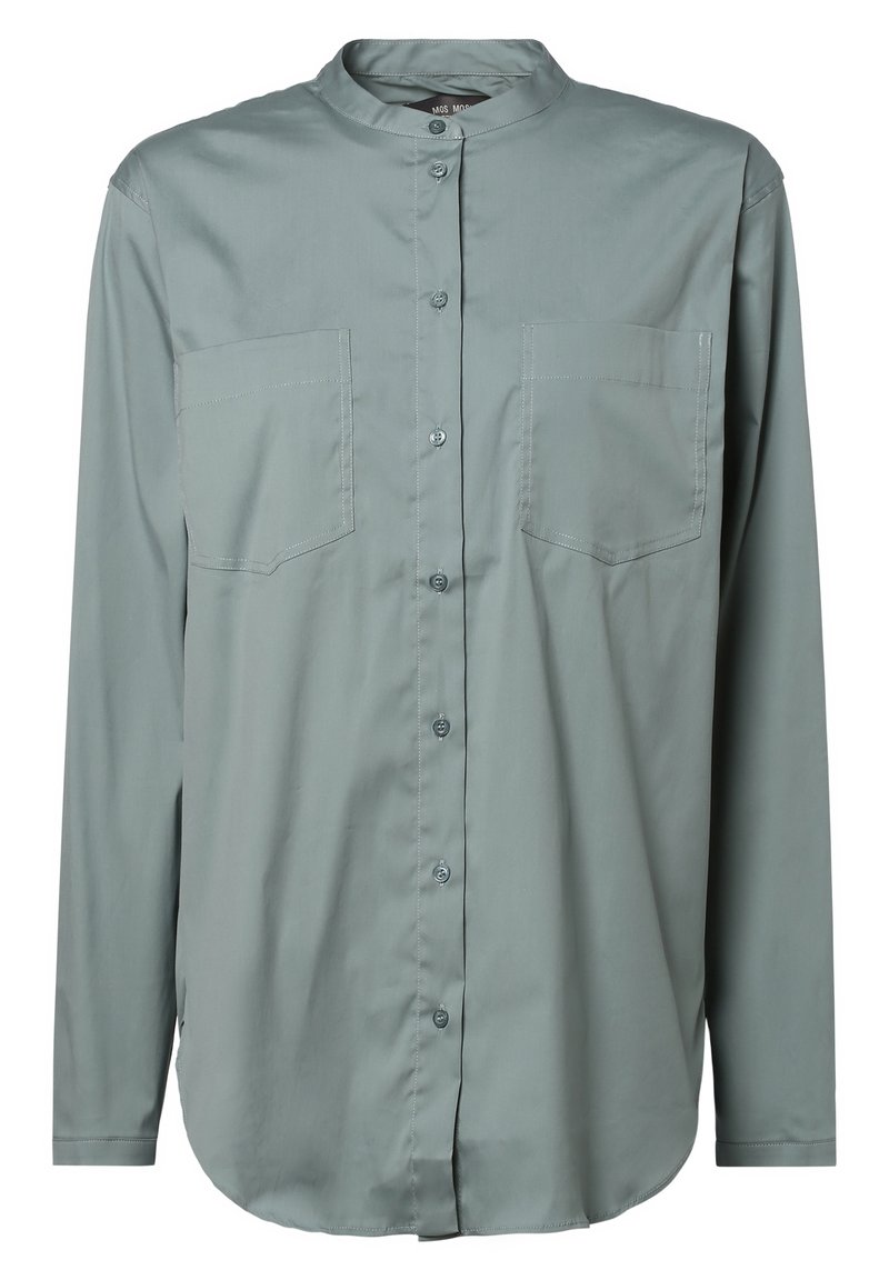Camicia verde chiaro con bottoni, maniche lunghe, colletto alla cinese, due tasche sul petto, texture liscia e orlo arrotondato. Design semplice.