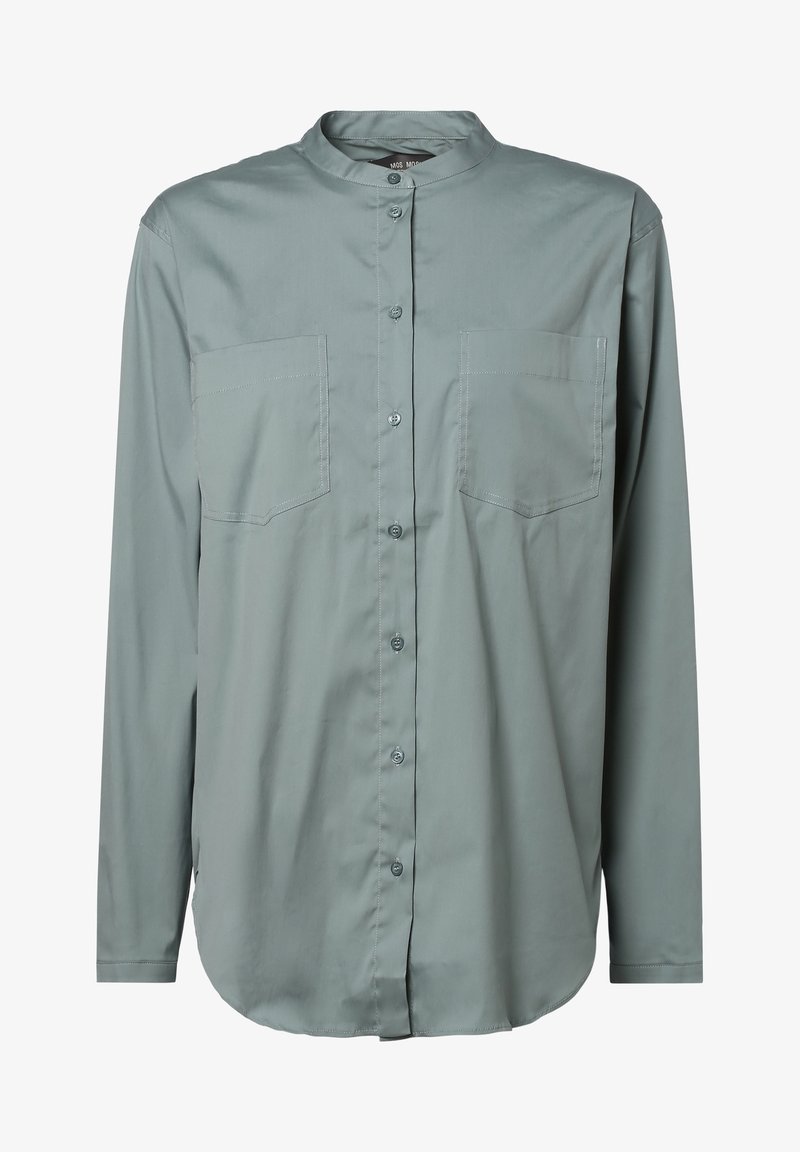 Camicia verde chiaro con bottoni, maniche lunghe, colletto alla cinese, due tasche sul petto, texture liscia e orlo arrotondato. Design semplice.