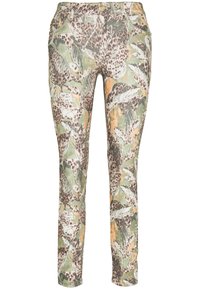 Skinny jeans met een meerkleurig ontwerp van bladeren en dierenprints, voornamelijk groen, met bruine en oranje accenten.