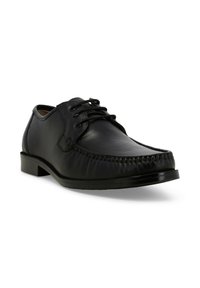 Le scarpe in pelle nera presentano una punta arrotondata, un design con lacci e dettagli cuciti. La suola è piatta con un leggero tacco per garantire stabilità.