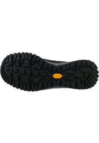 Suola in gomma nera con un motivo di battistrada robusto, caratterizzato da lugs prominenti e un logo Vibram giallo al centro. Design testurizzato e resistente.