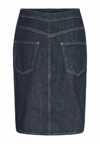 Jeans krilo v temno modri barvi, ki se prilega telesu, ima dva zadnja žepa in kontrastno rumeno šivanje ob šivih.