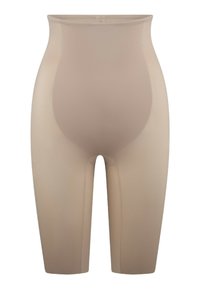 Pantalones cortos moldeadores color beige, diseño de alta cintura, textura suave, longitud a medio muslo, con costuras discretas y sin herrajes visibles.