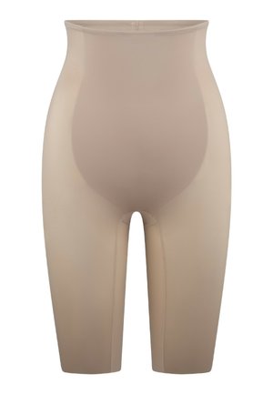 Beige vormende shorts, hoge taille, gladde textuur, midden-dij lengte, met discreet stiksel en geen zichtbare hardware.