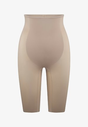 Beige vormende shorts, hoge taille, gladde textuur, midden-dij lengte, met discreet stiksel en geen zichtbare hardware.