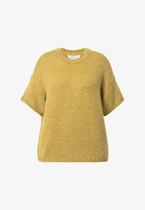 Sininen neulepusero pyöreällä kaula-aukolla, lyhyillä hihoilla ja löysällä istuvuudella. Teksturoitu kangas, jossa on ribbahtuja hihansuita ja helmaa.