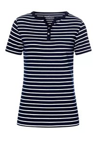 Niebiesko-biała w paski koszulka z krótkim rękawem, okrągłym dekoltem i zapięciem na trzy guziki. Gładki materiał bawełniany, lekko dopasowany krój.