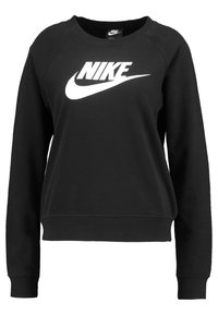 Black long-sleeve Nike sweatshirt with white logo and swoosh on front, crew neck, and ribbed cuffs and hem.