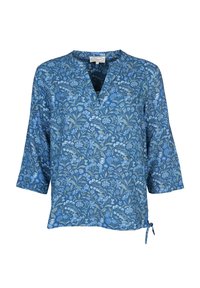 Blaue Bluse mit Blumenmuster, V-Ausschnitt, Dreiviertelärmeln und Kordelzugdetails am Saum. Hergestellt aus leichtem Stoff mit filigranen Mustern.