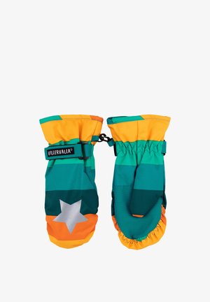 Kleurrijke wanten in groenblauw, oranje en geel, met een zilveren steraccent en elastische manchetten voor een stevige pasvorm. Duurzame stof.