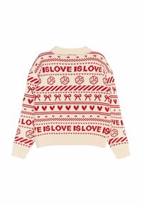 Pulover tricotat de culoare crem, cu detalii decorative roșii care includ inimi, semne de pace și text. Are un guler rotund și manșete cu răsucire.