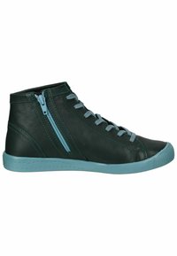 Scarpe alte in pelle verde scuro con accenti turchesi, dotate di una cerniera laterale e lacci coordinati, punta arrotondata e suola testurizzata.
