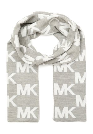 Gråt strikket tørklæde med hvidt gentaget "MK" logo-mønster, foldet i en sløjfe på en hvid baggrund.