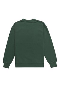 Dunkelgrüner Sweatshirt mit Rundhalsausschnitt, langen Ärmeln und gerippten Bündchen und Saum. Besitzt eine weiche Textur und ein minimalistisches Design.