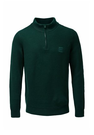 Maglione verde scuro con zip al collo e un motivo a maglia testurizzata. Presenta polsini e orlo a costine, e un piccolo patch con logo sul petto.