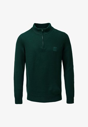 Maglione verde scuro con zip al collo e un motivo a maglia testurizzata. Presenta polsini e orlo a costine, e un piccolo patch con logo sul petto.