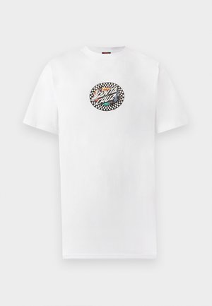 White short-sleeve T-shirt with a small round Santa Cruz logo featuring a checkerboard pattern and colorful text on the chest.