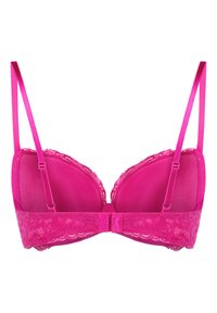 Rosa Spitzen-BH mit gepolsterten Cups, verstellbaren Trägern und floralem Spitzenbesatz. Mit Haken- und Ösenverschluss auf der Rückseite.